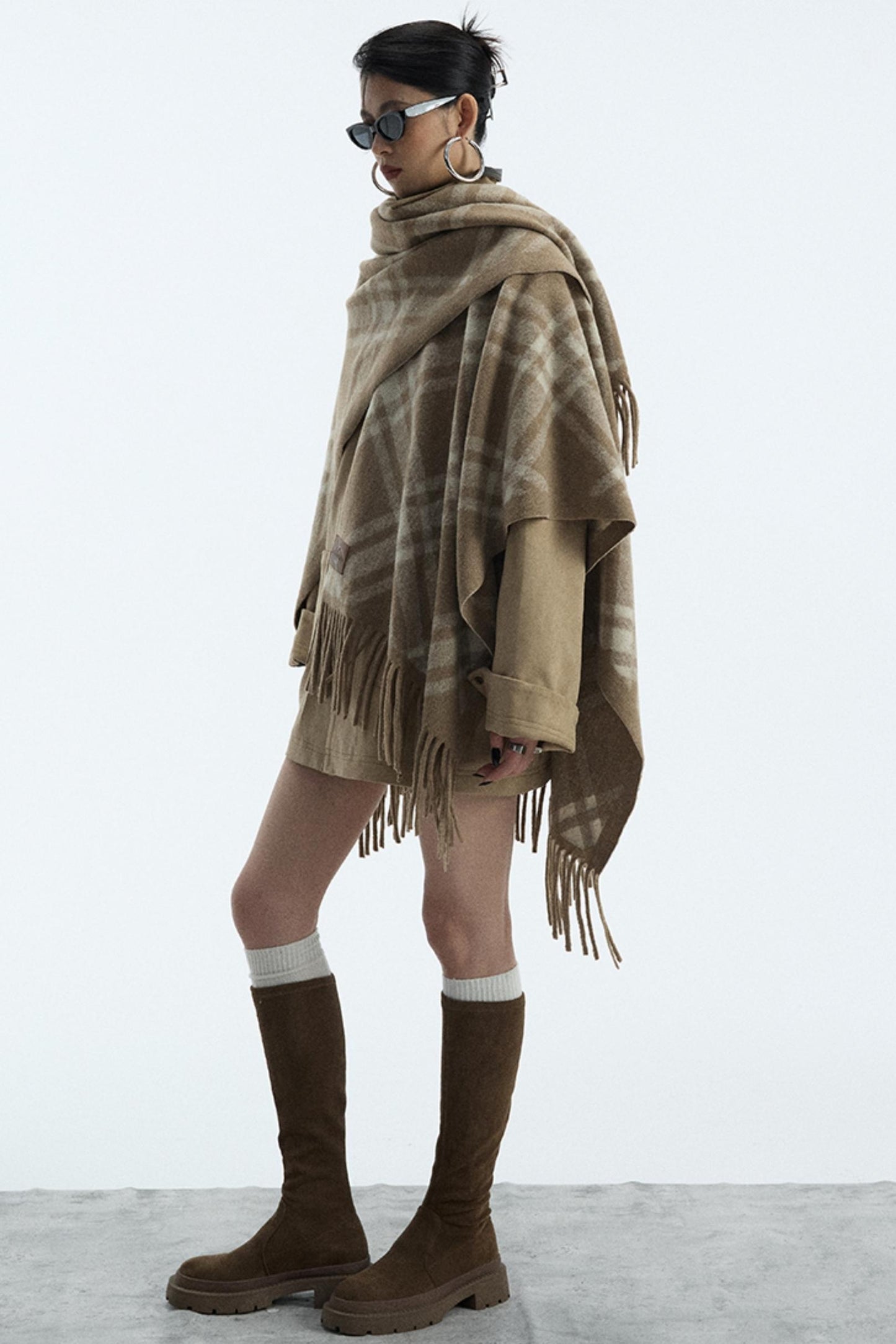 Wool Blend Plaid Cape Cardigan