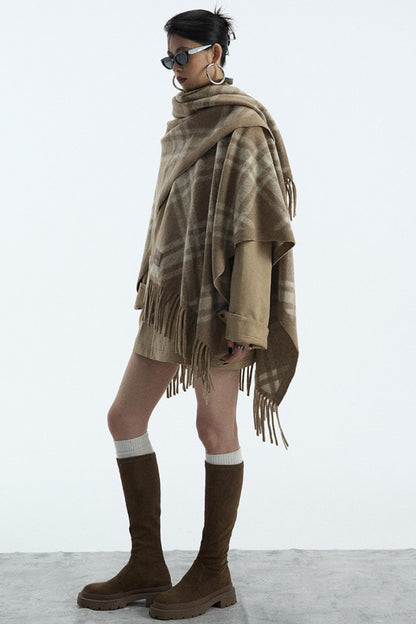 Wool Blend Plaid Cape Cardigan