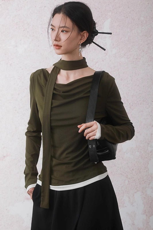 Tencel Lyocell Olive Green Swing Collar T-Shirt