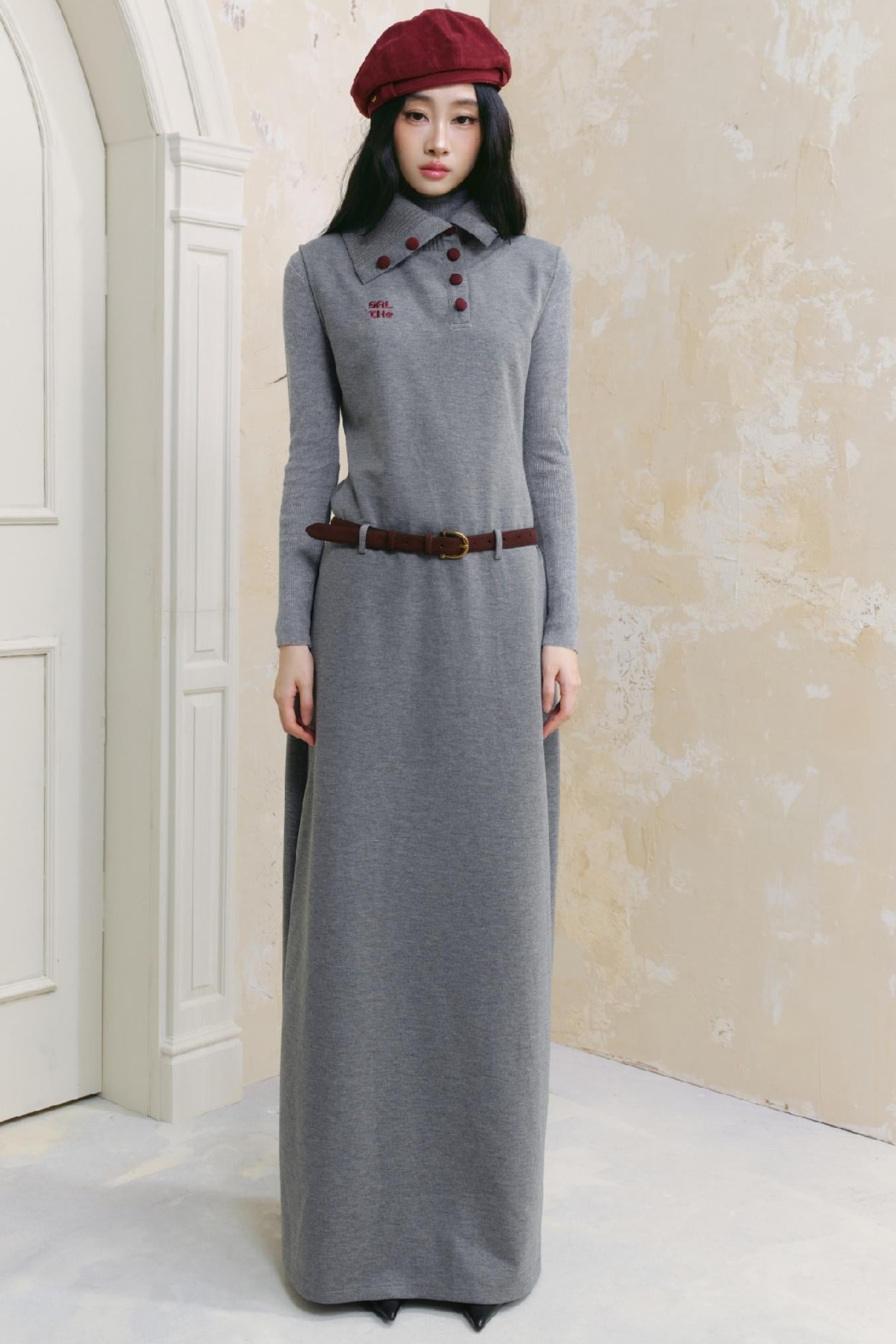 Polo Neck Gray Long Dress Set-up