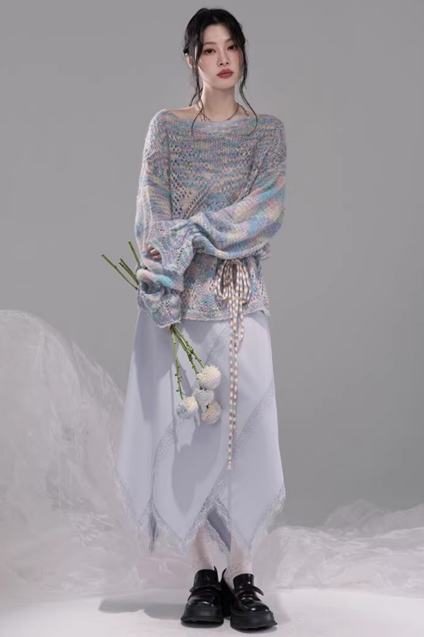 Flowing Gray-Blue Lace Skirt