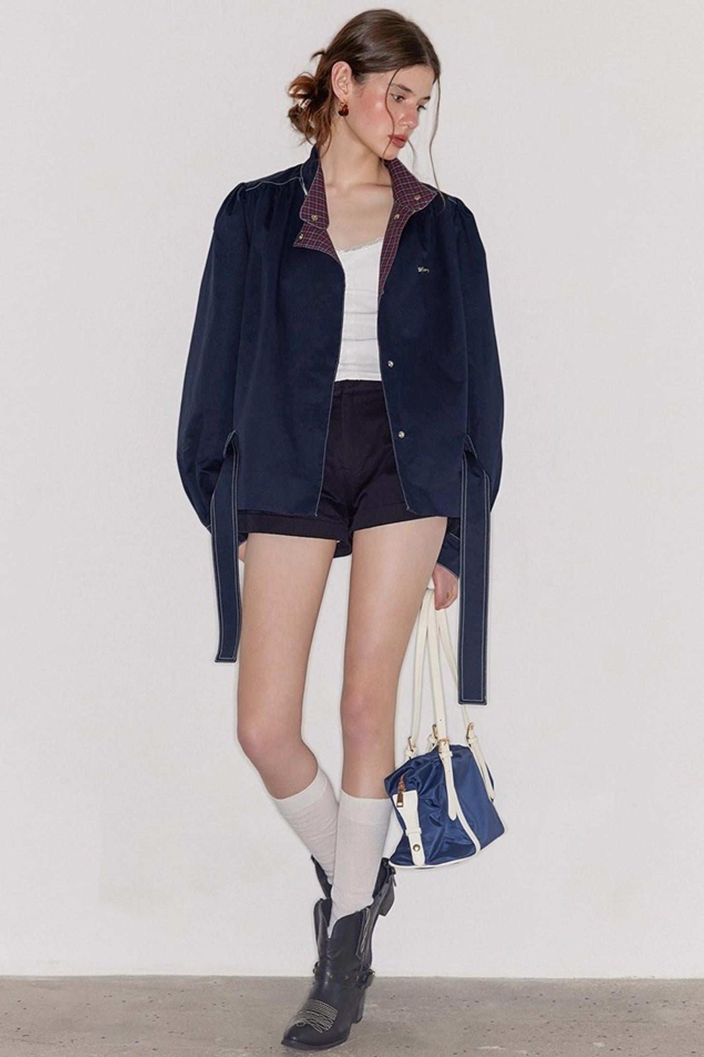 Vintage Navy Blue Patchwork Check Jacket