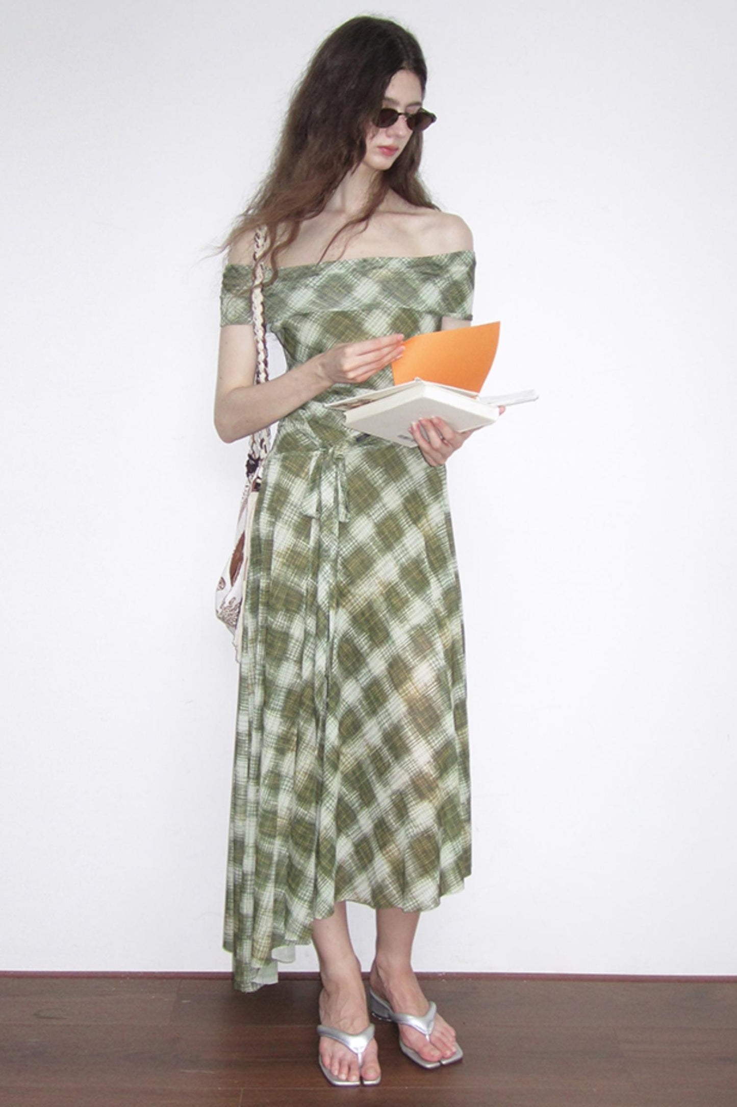 Mesh Check One-Shoulder Dress