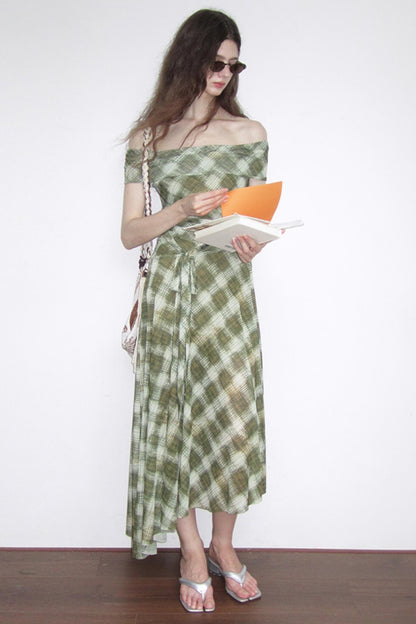 Mesh Check One-Shoulder Dress