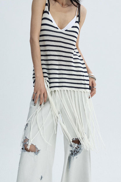 Summer Jacquard V-Neck Leather Hem Vest