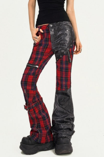Plaid Patchwork Leather Pants