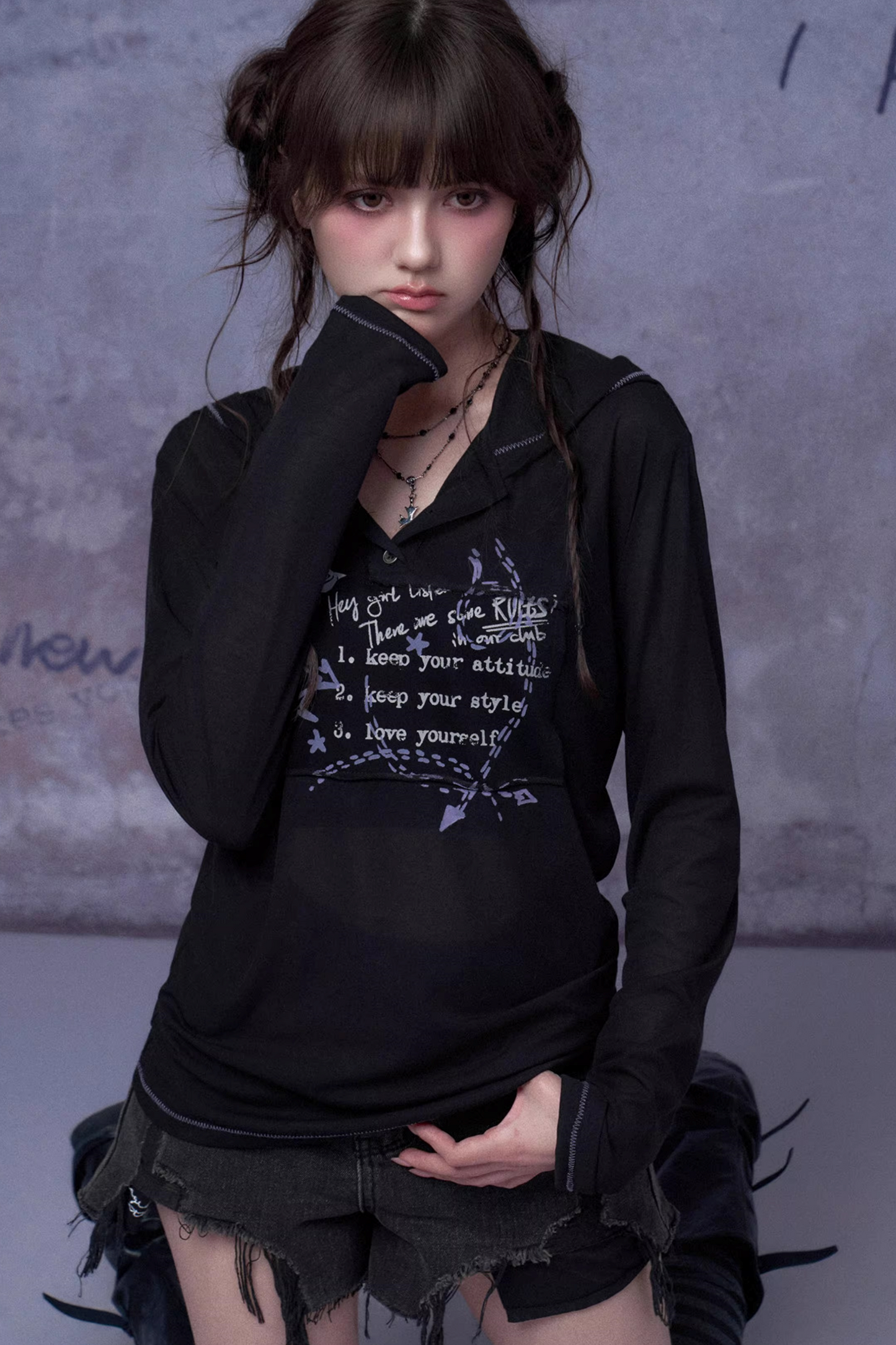 Mesh Graffiti Hooded Top Matching Set