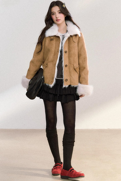 Suede Rivet Fur Collar Lapel Jacket