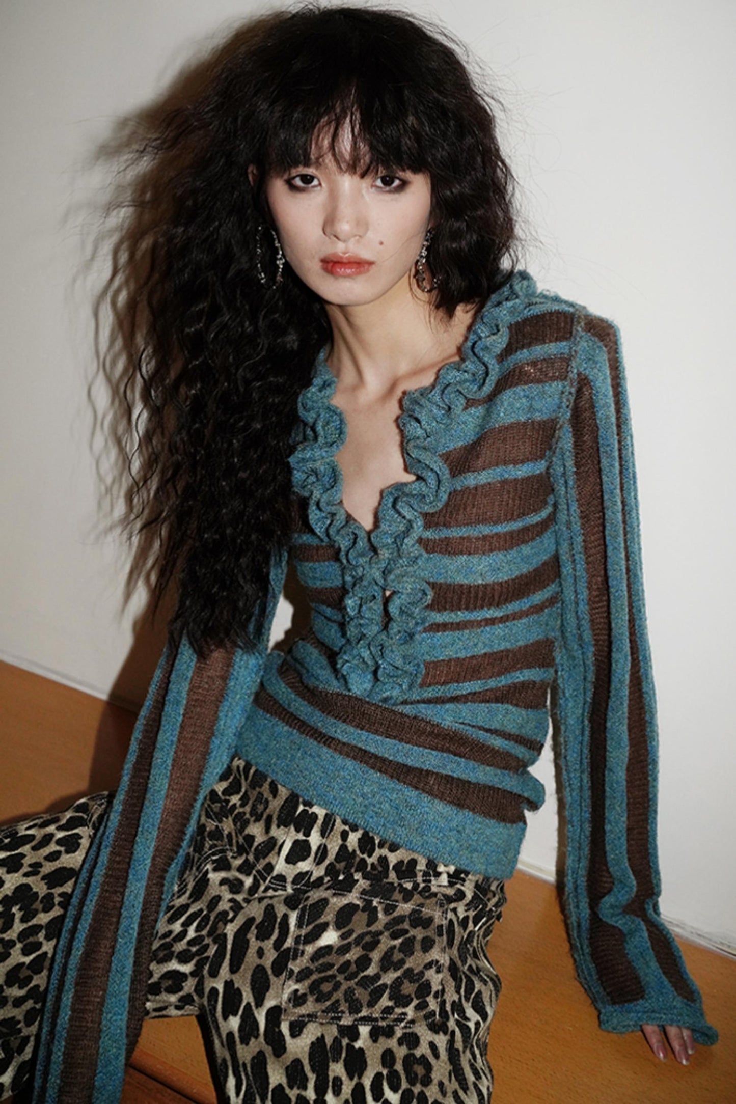 Fungus-Trimmed Striped Wool Knit Top