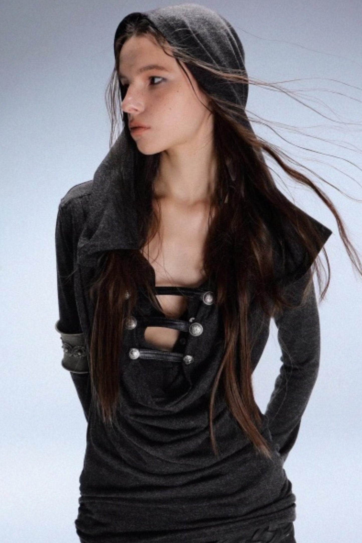 Hooded Metal Buckle Knit Top