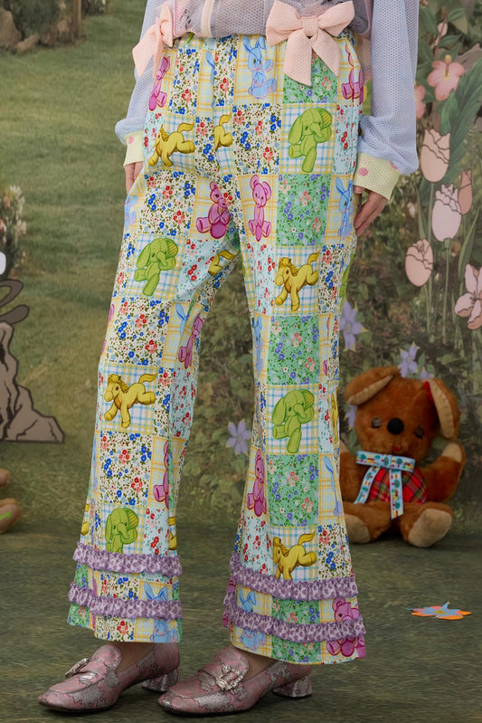 Elastische ausgestellte Baumwollhose mit Blumenmuster