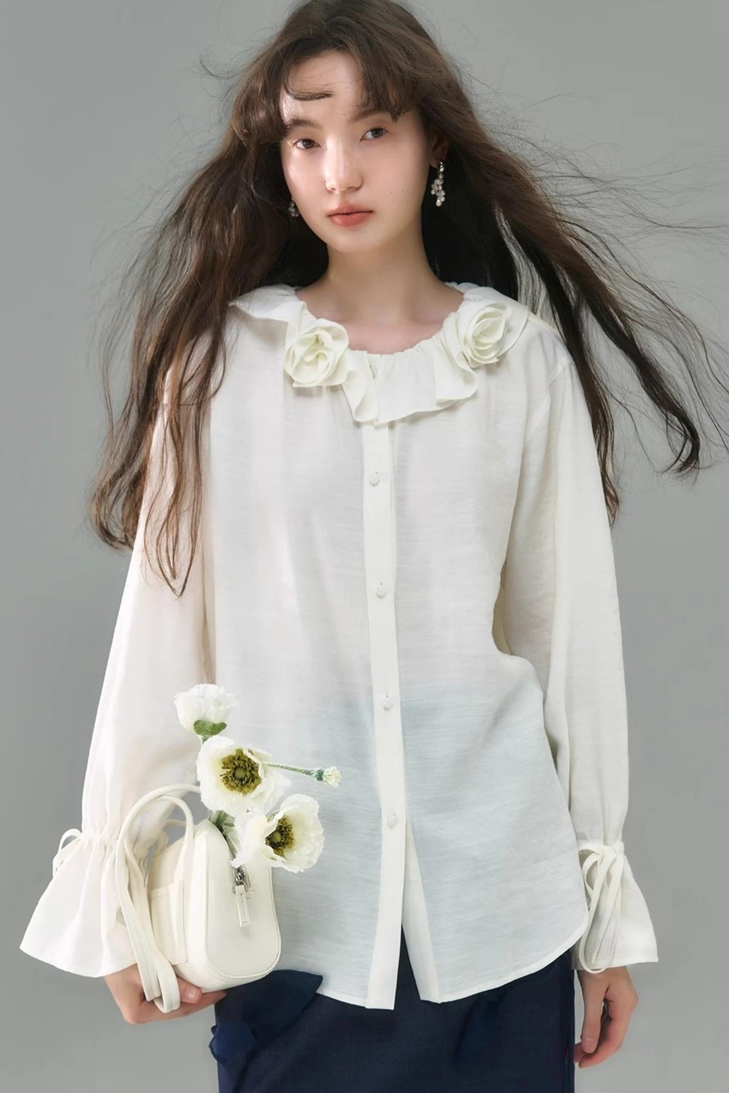 Rose Ruffled Long-Sleeved Shirt