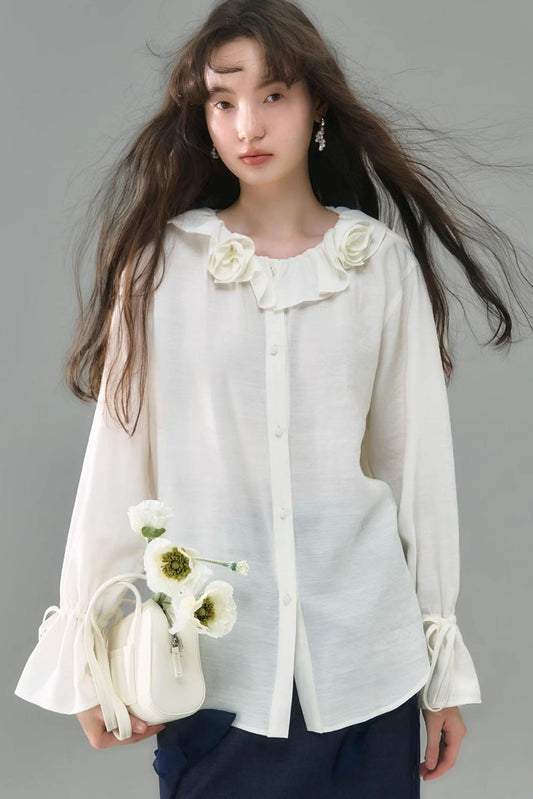Rose Ruffled Long-Sleeved Shirt