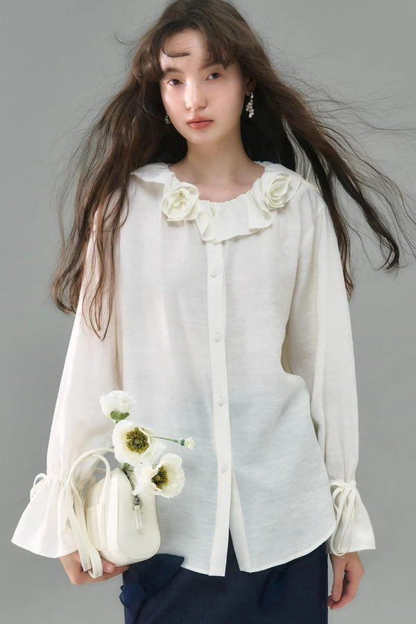 Rose Ruffled Long-Sleeved Shirt