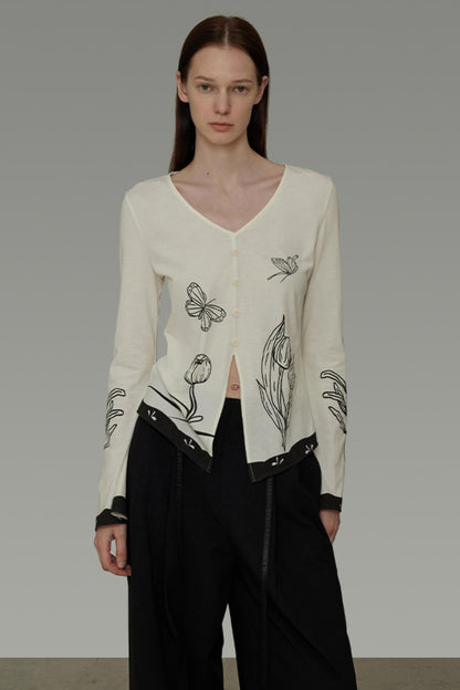 New Artistic Print V-Neck Knitwear