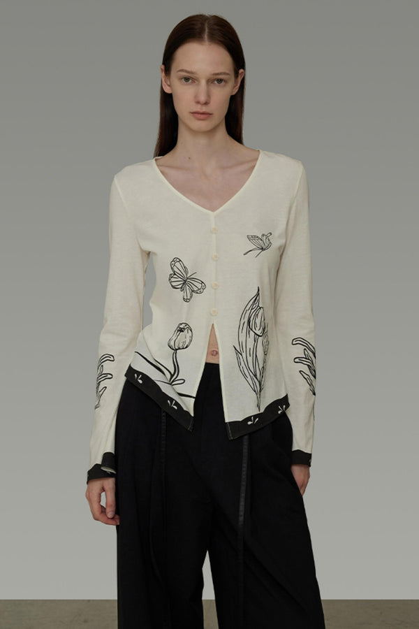 New Artistic Print V-Neck Knitwear