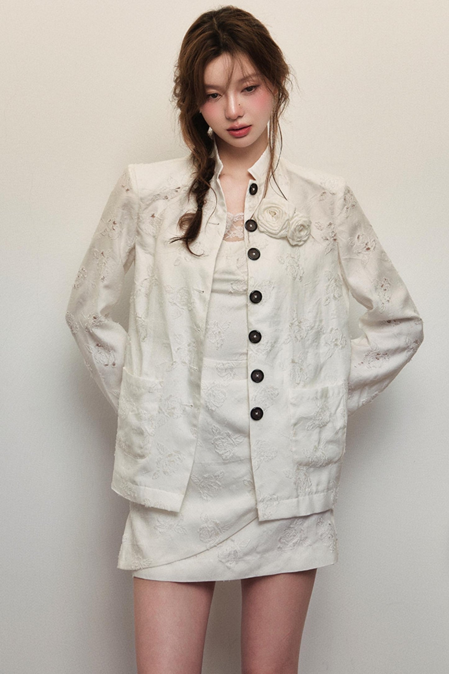 Elegant White Rose Jacquard Dress