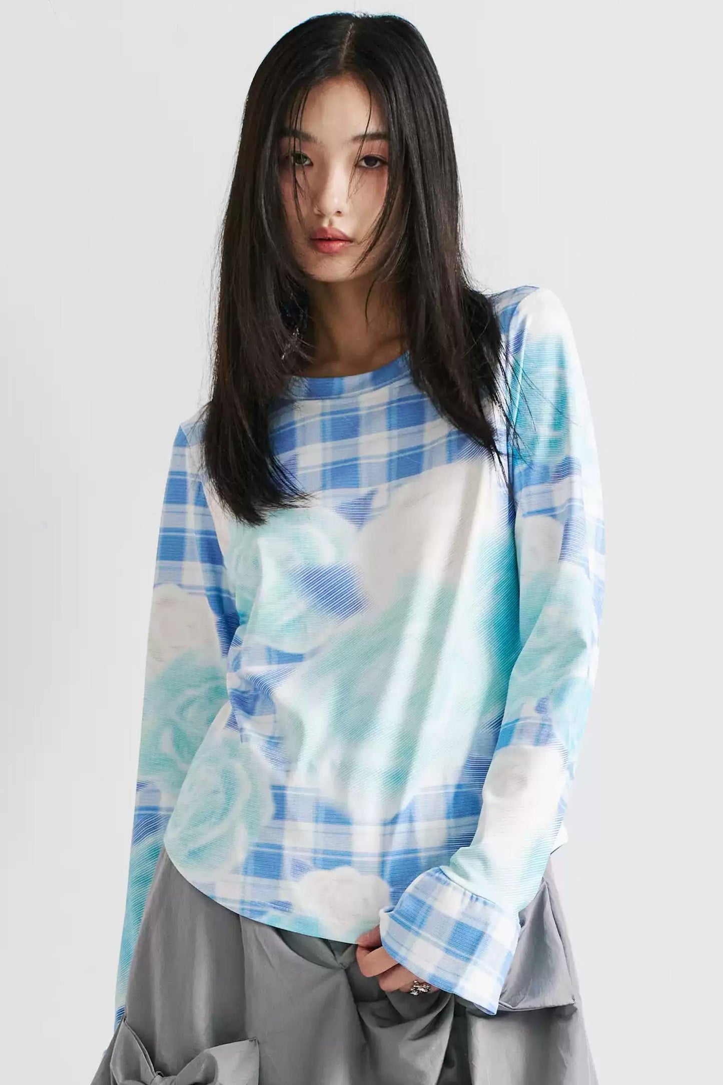 Blue Plaid Flared Sleeve Top