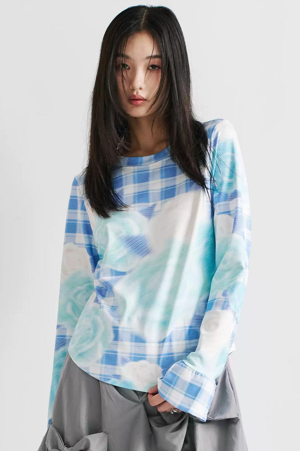 Blue Plaid Flared Sleeve Top