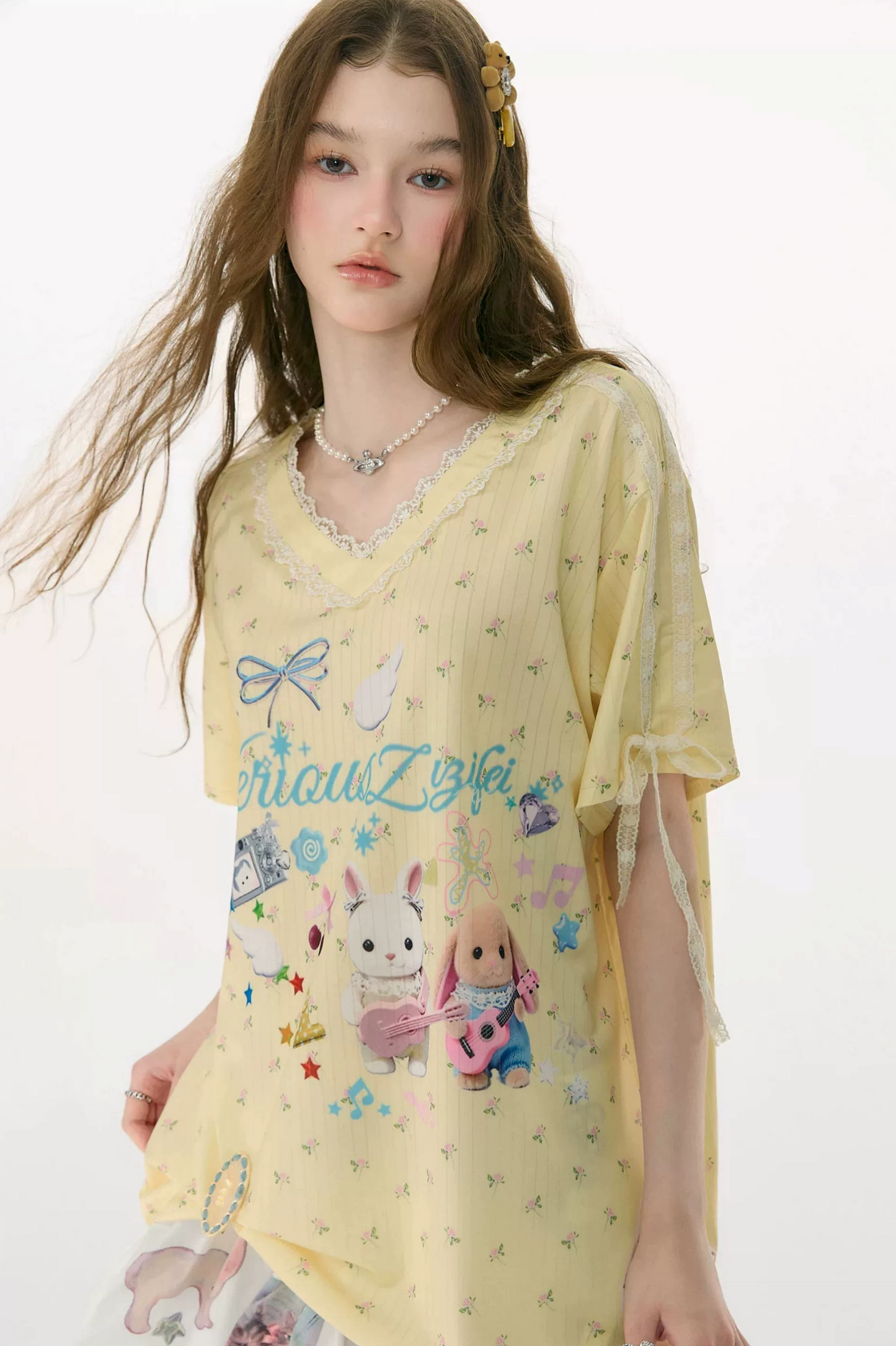 Yellow V-Neck Lace Floral T-Shirt