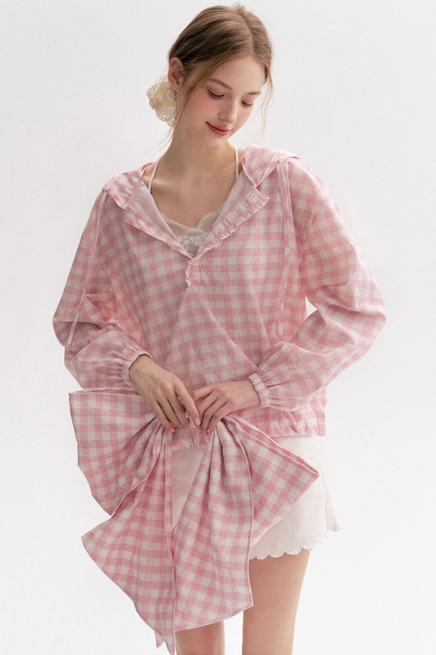 Cream Pink Plaid Lace Hooded Pullover Top