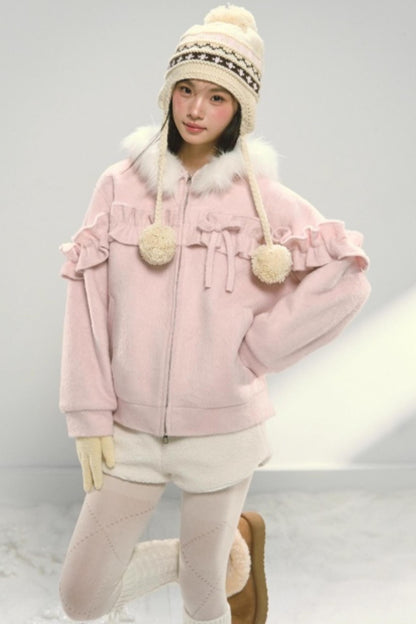 Lace Hooded Cotton Tweed Zip Jacket