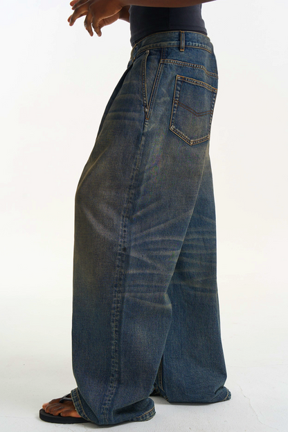 Pleated Washed Denim Pants