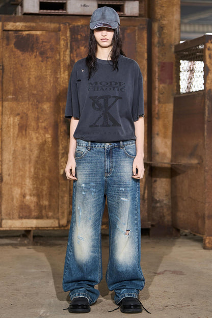 Ripped Straight-Leg Denim Pants
