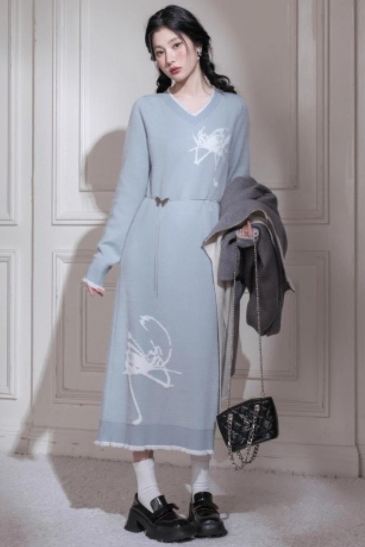 White Butterfly Blue Woolen Dress