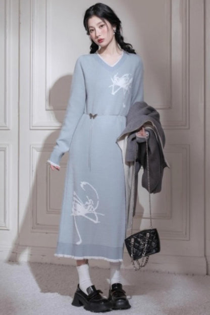 White Butterfly Blue Woolen Dress