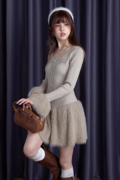 Sweet Knitted Fur Skirt Dress