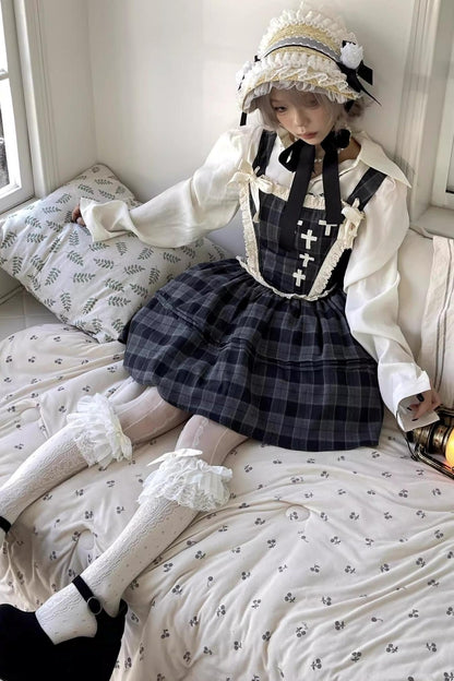 Gray Plaid Waist Cinched Herringbone Lace Bow Tie Dress Set-Up