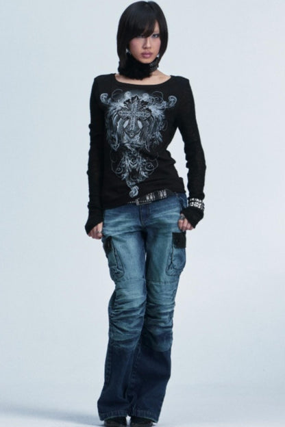 Two-Tone Cross Print Top