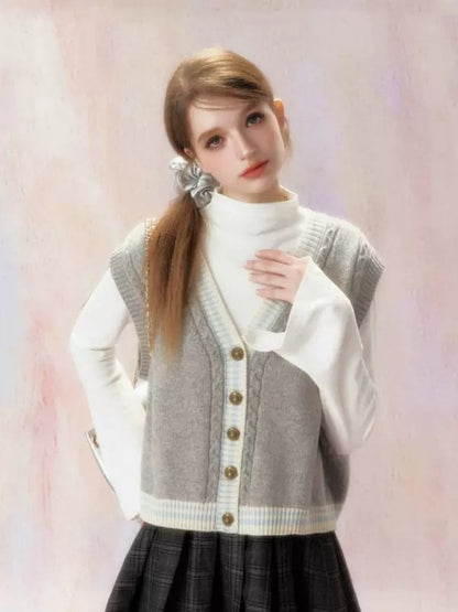 Embroidered V-Neck Knit Jacquard Vest Cardigan