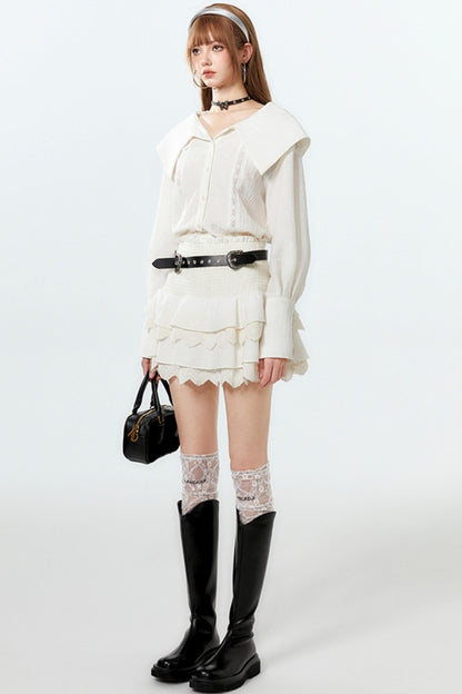 Sheer Lace Big-Collar Mint Blouse