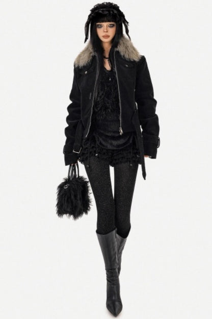 Cool Dark Fur Collar Jacket