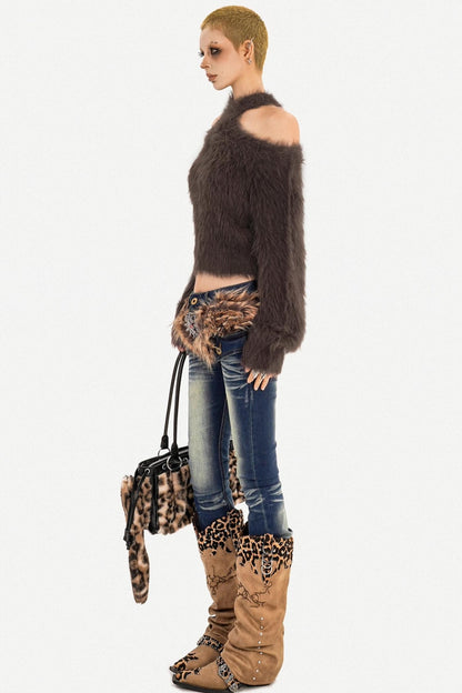 Retro Knit Off-Shoulder Sweater