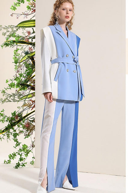 Professional Blue and White Contrast Suit Set