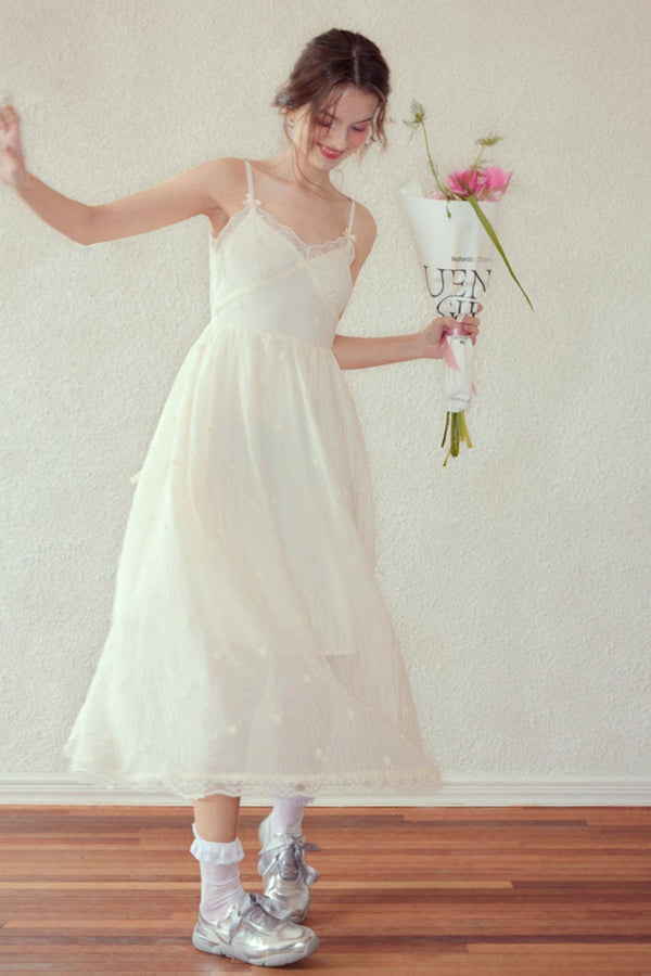 Beige Embroidered A-Line Tencel Dress