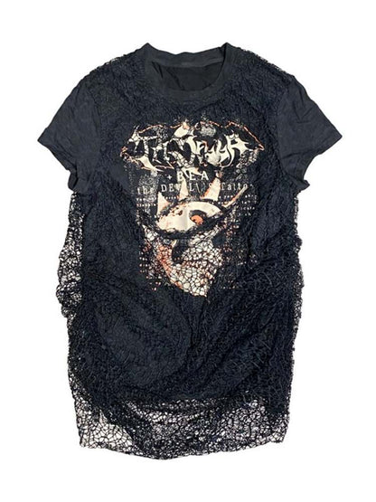 Batik Skull Print Fake Two Piece Mesh Punk Tee