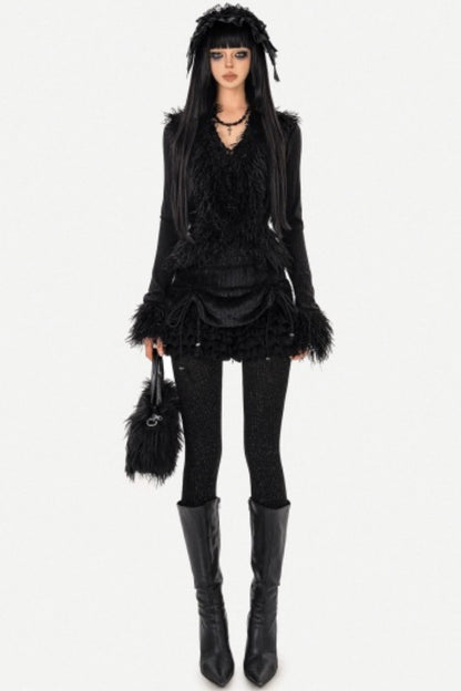 Black Furry Knit Cardigan