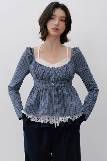 Vintage Navy Blue Check Cinched Shirt