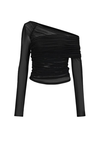 Asymmetrical Sheer Mesh Pleated T-Shirt