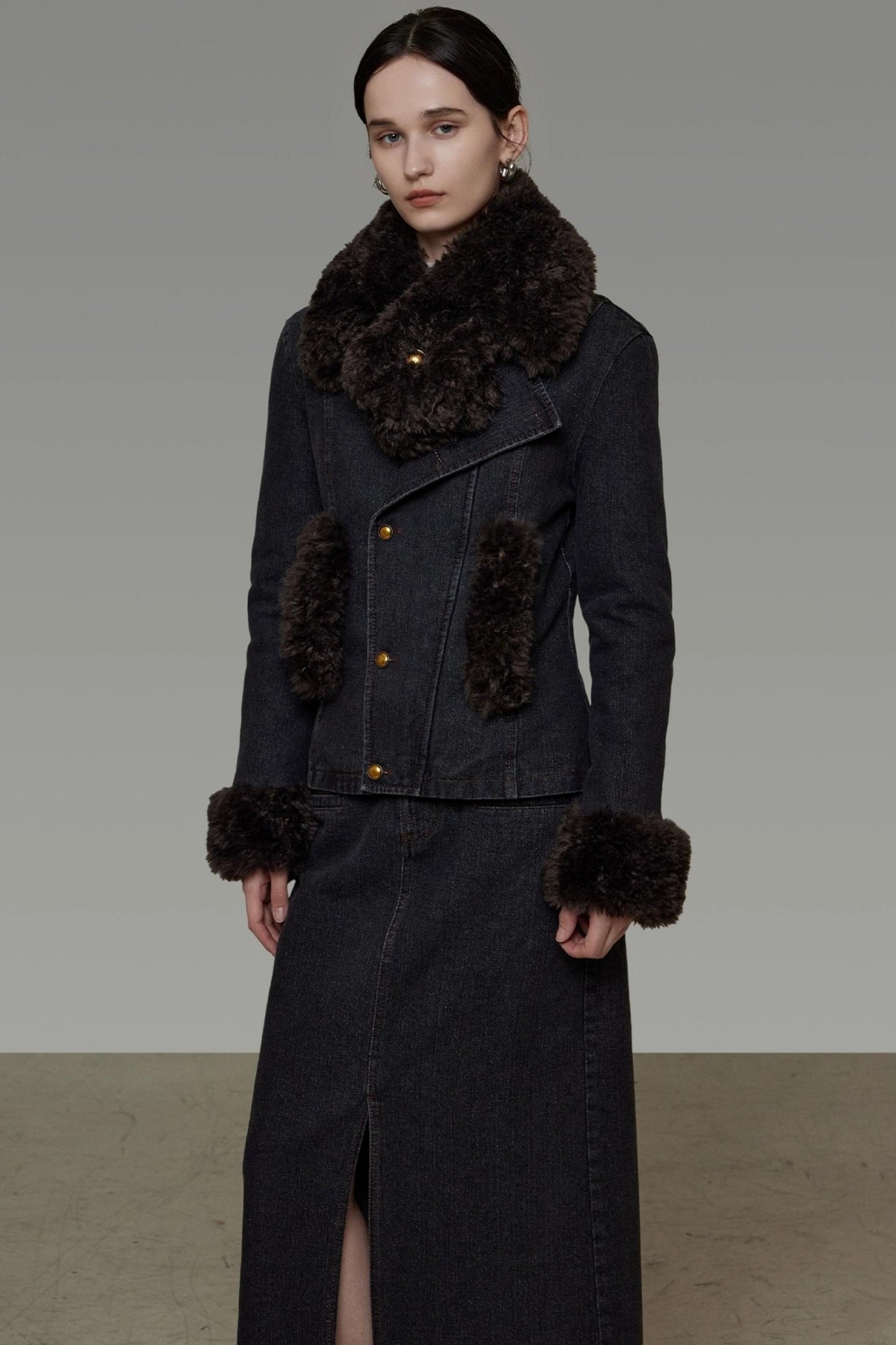 Patchwork Fur Collar Denim Jacket Set-Up