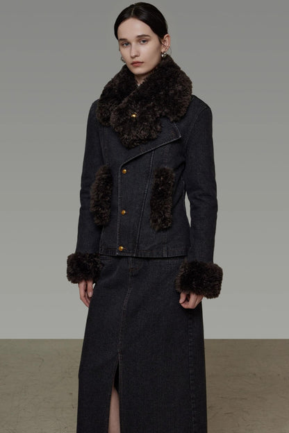 Patchwork Fur Collar Denim Jacket Set-Up