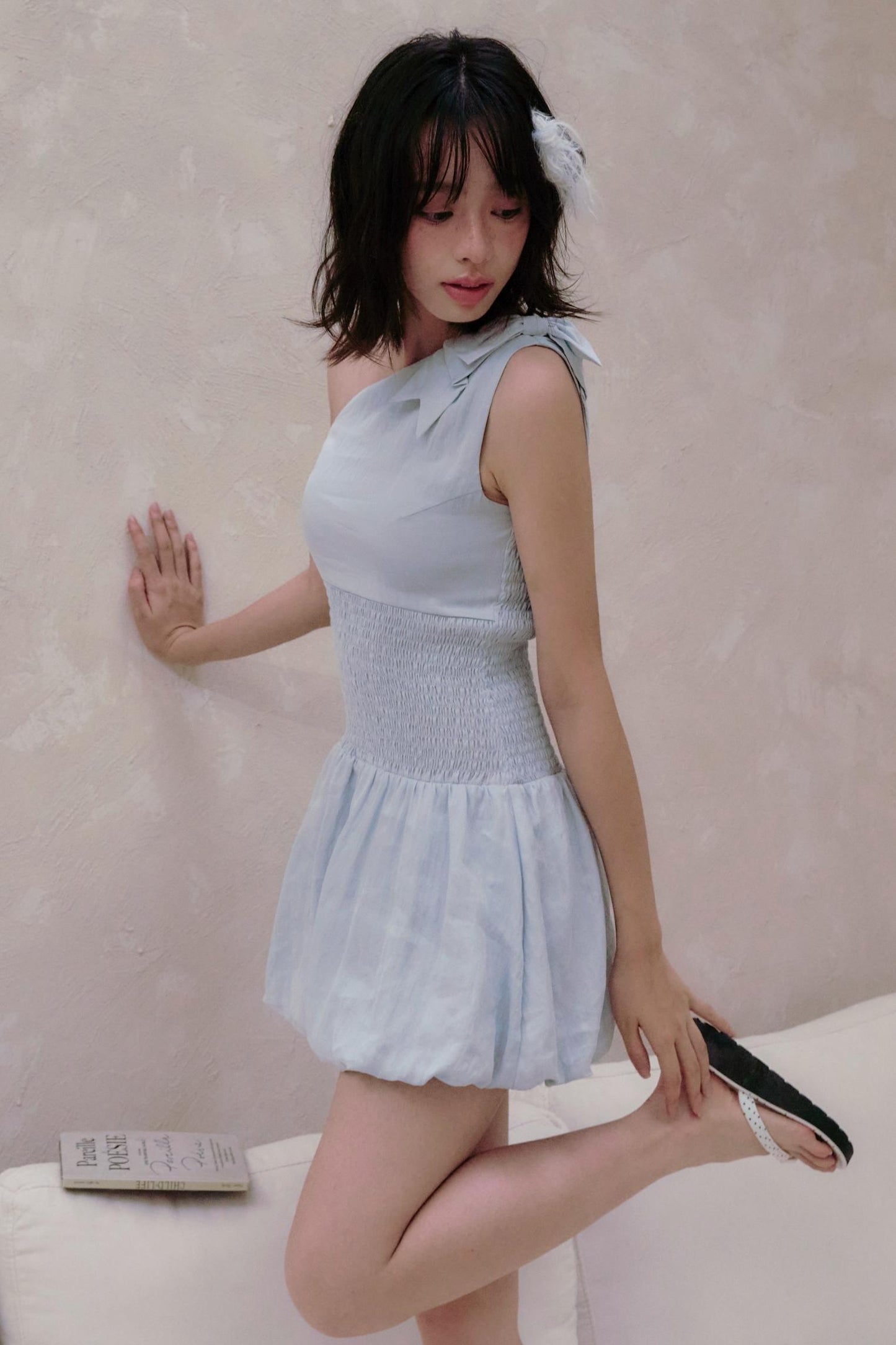 Blue Bow Strap Pleats Waist Bud Dress