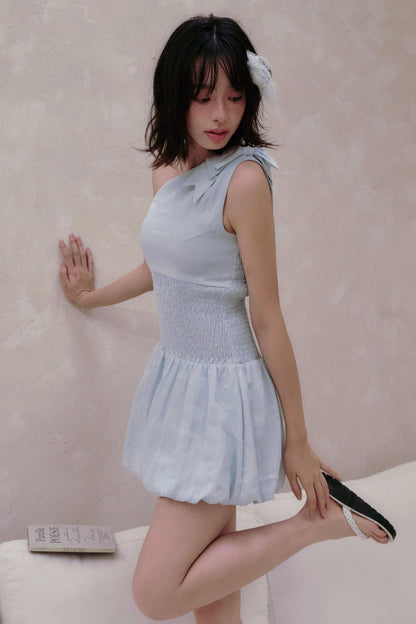 Blue Bow Strap Pleats Waist Bud Dress