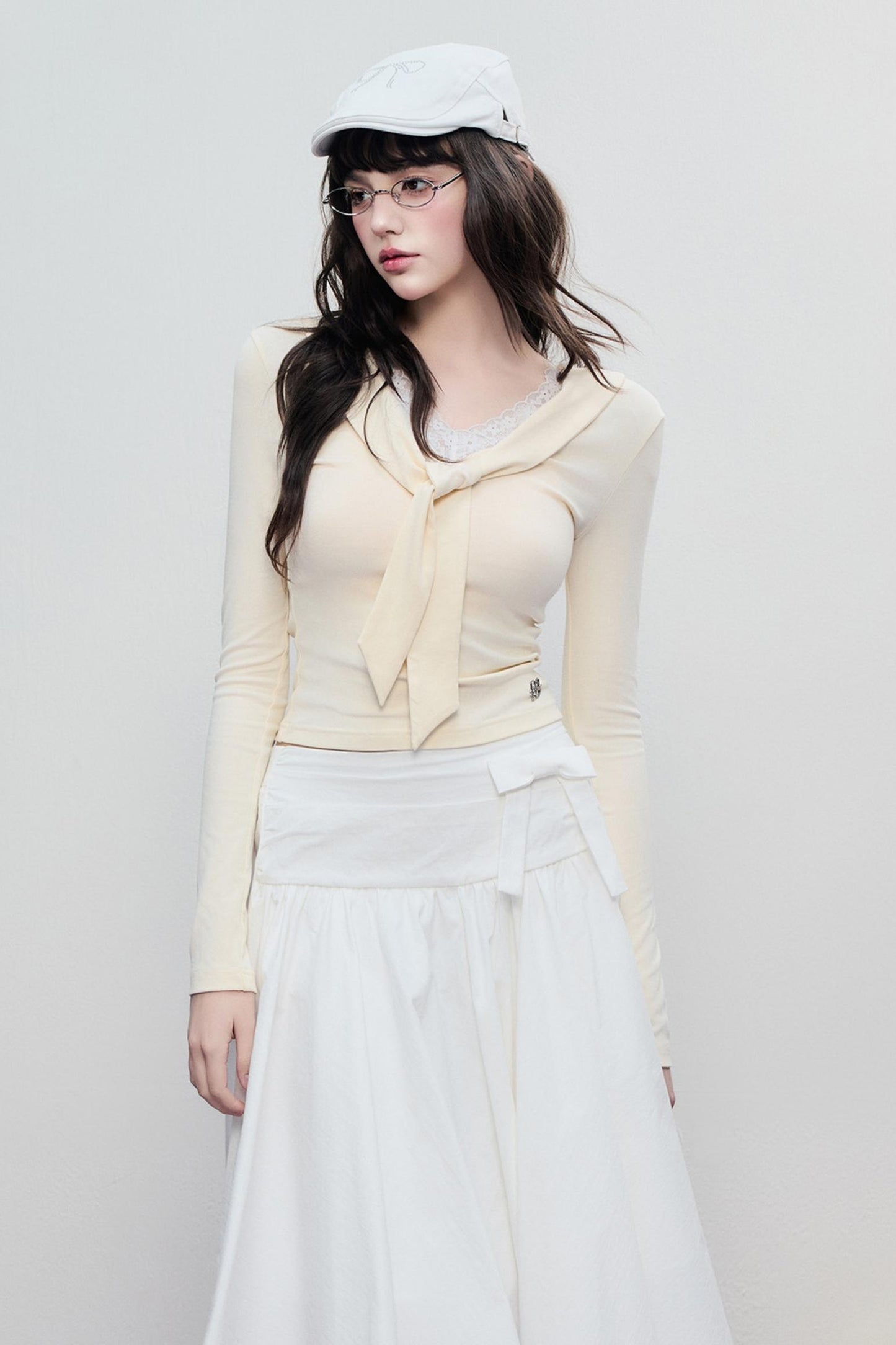 Korean Lace Trim Tie Neck Sweater