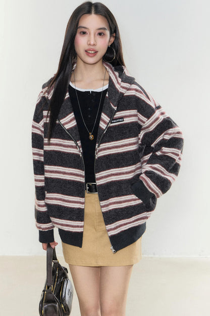 Gestreifte Kapuzen-Cardigan-Jacke