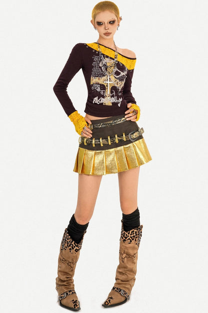 Gold Patchwork Pleated Skirt